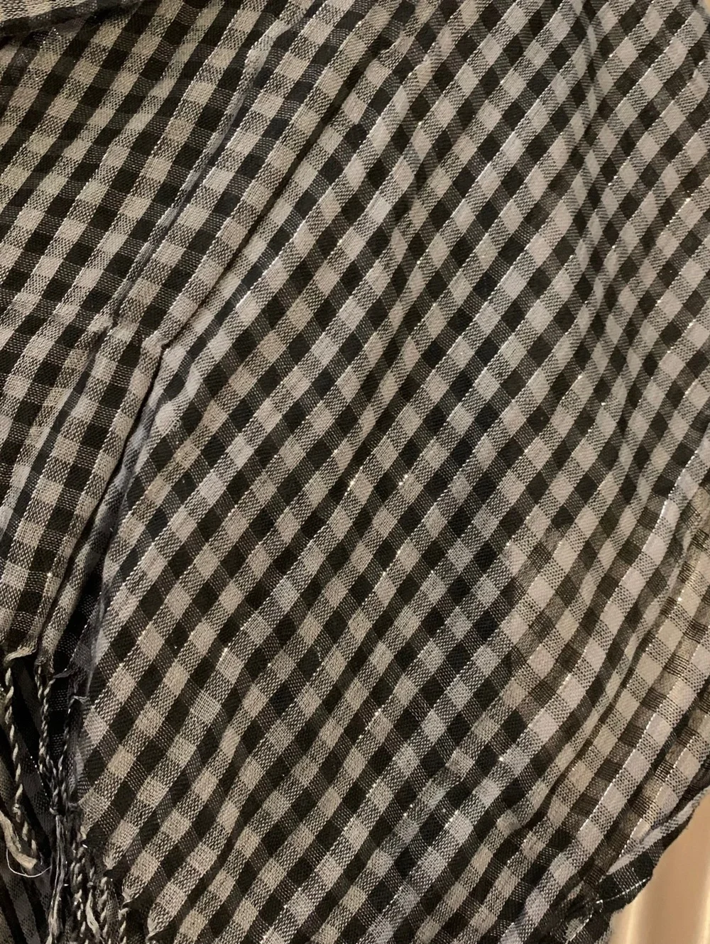 Black Gray Checkered Gingham Plaid Scarf Silver Metallic Stripe Fringe Emo